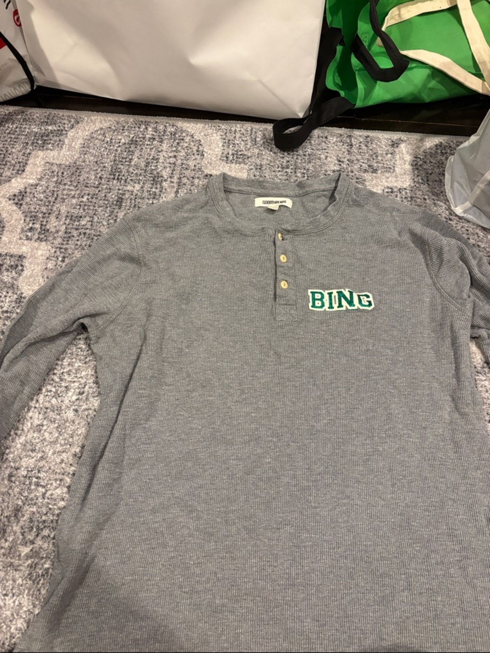 Grey button Top with Green "BING" Patch